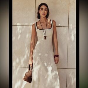 Zara, light beige, contrast trim midi dress, size M